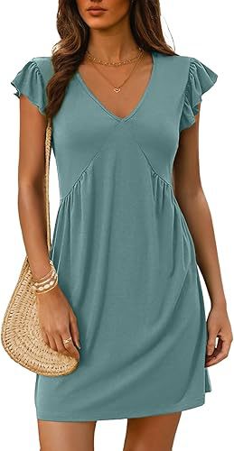 V Neck Flutter Sleeve Ruched Mini Dress for Women