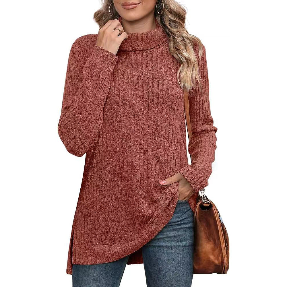 Women's Oversized Ribbed Turtleneck Long Sleeve Slit Tunic