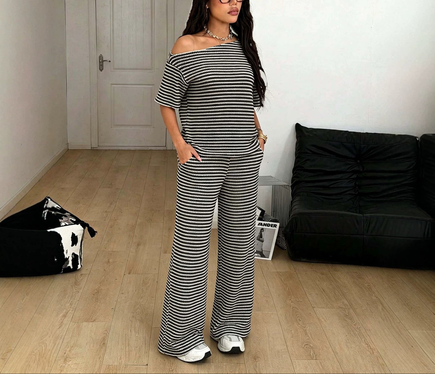 Striped Off Shoulder Knit Wide Leg Pants Set