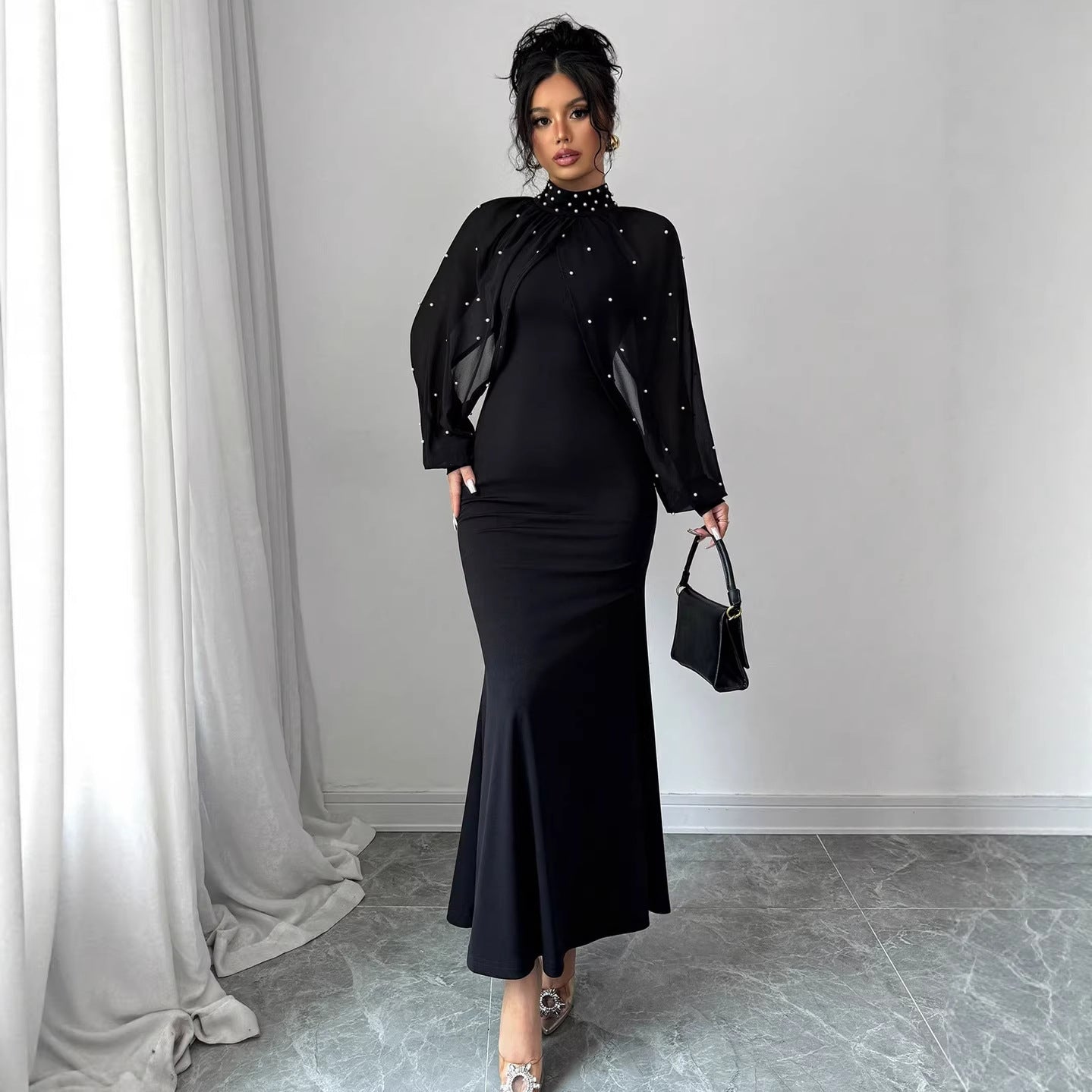 Black Pearl Embellished Sheer Sleeve Mermaid Maxi Dress