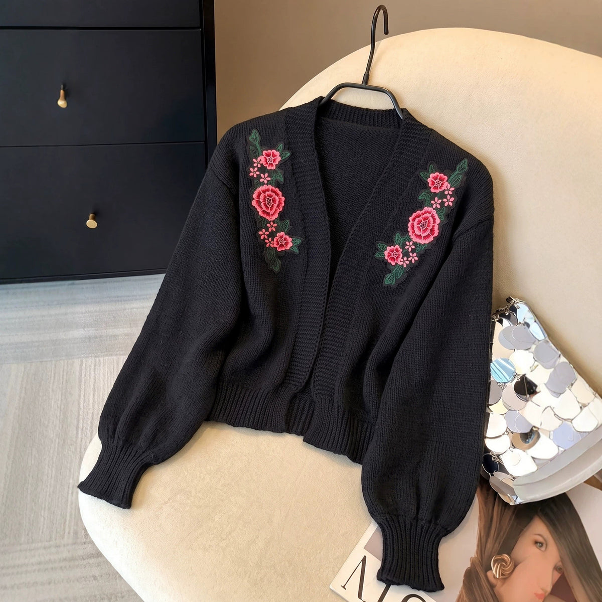 Women's Vintage Rose Embroidered Oversized Cardigan