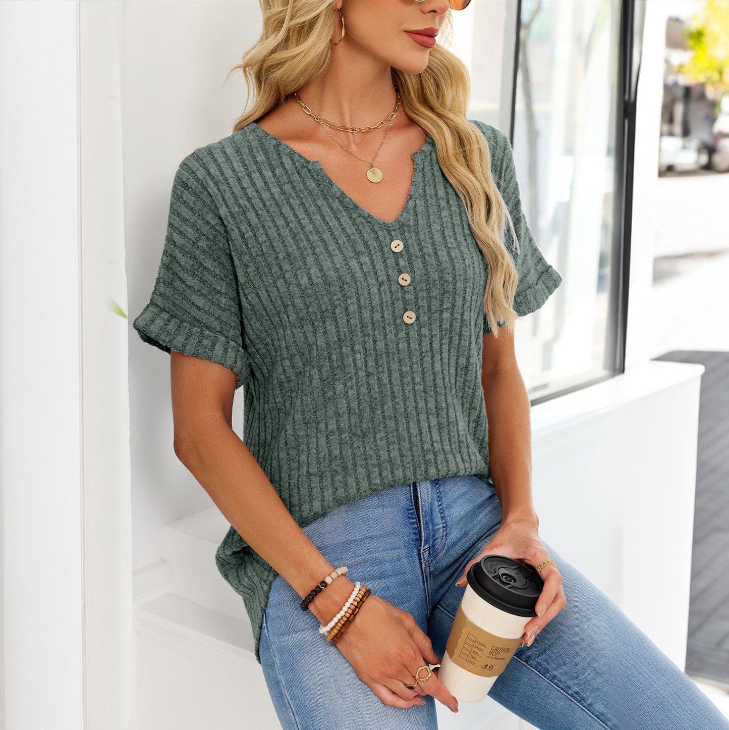 Ribbed Knit Tunic Top Button V Neck Tee