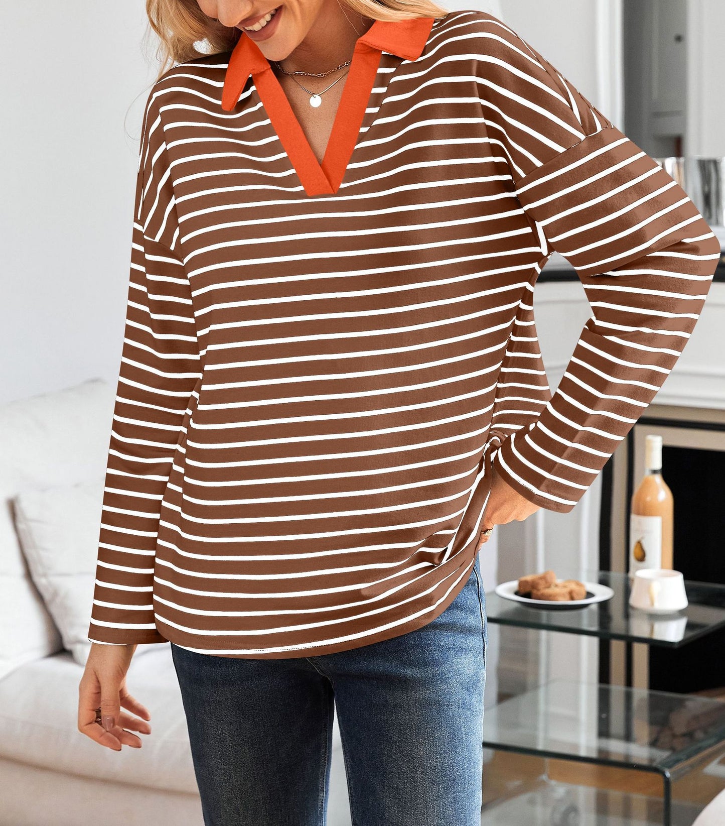 Striped V-neck Loose Sweatshirt Lapel Sweater