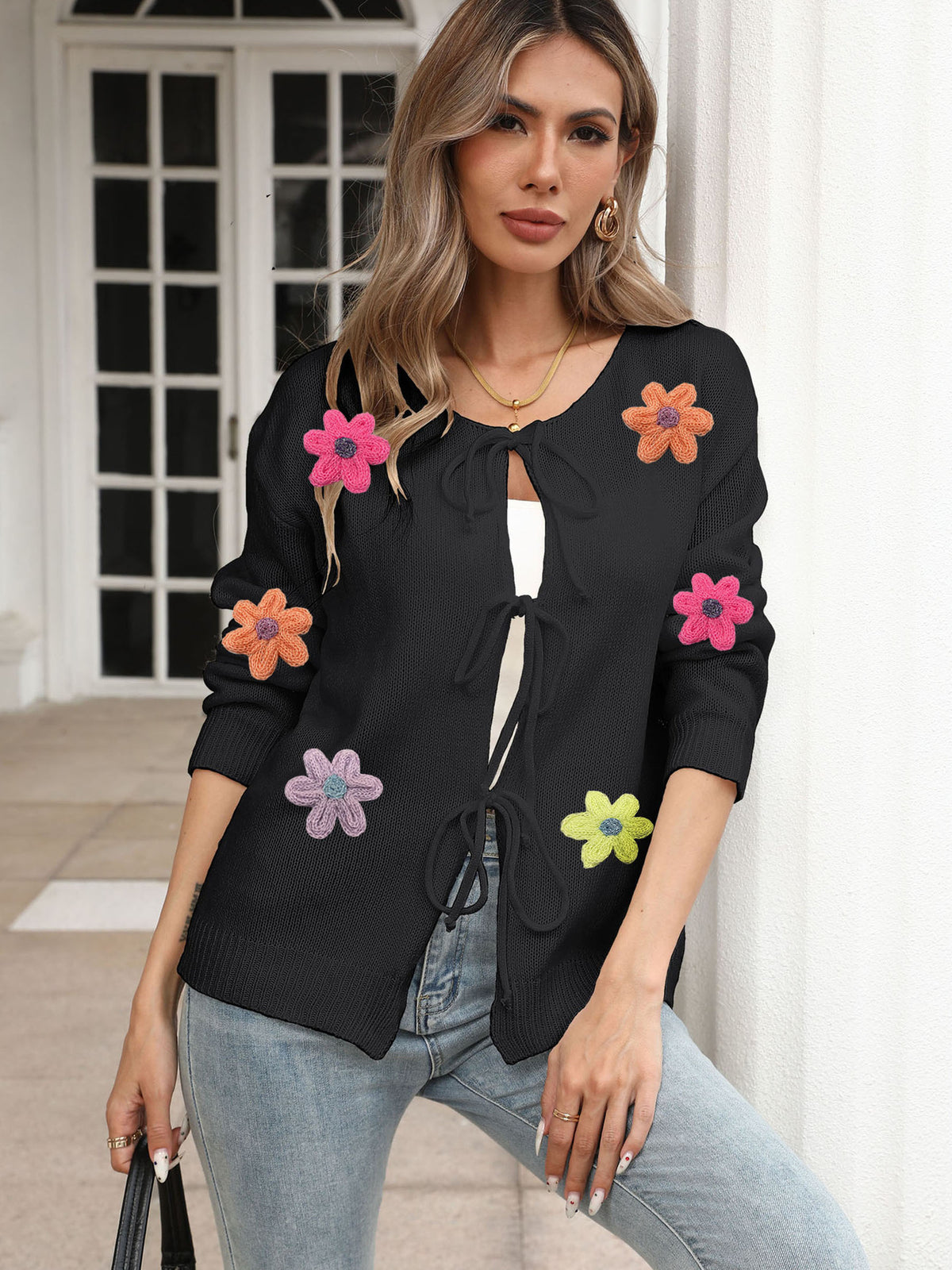 Women's Tie Front Crochet Flower Cardigan