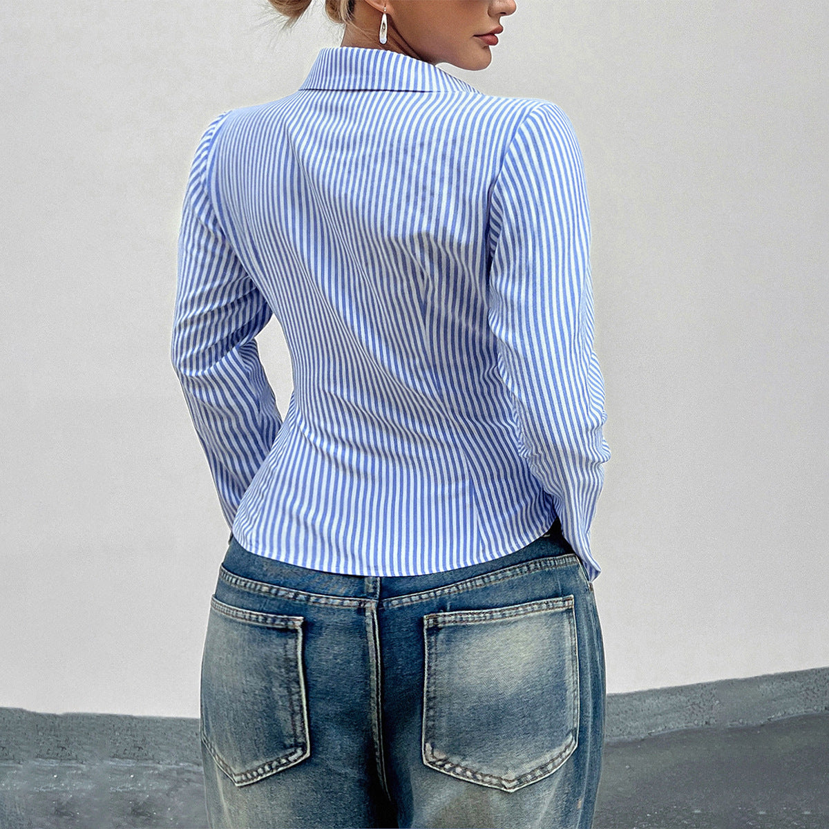 Striped Fitted Button Down Shirt Trendy Flare Sleeve
