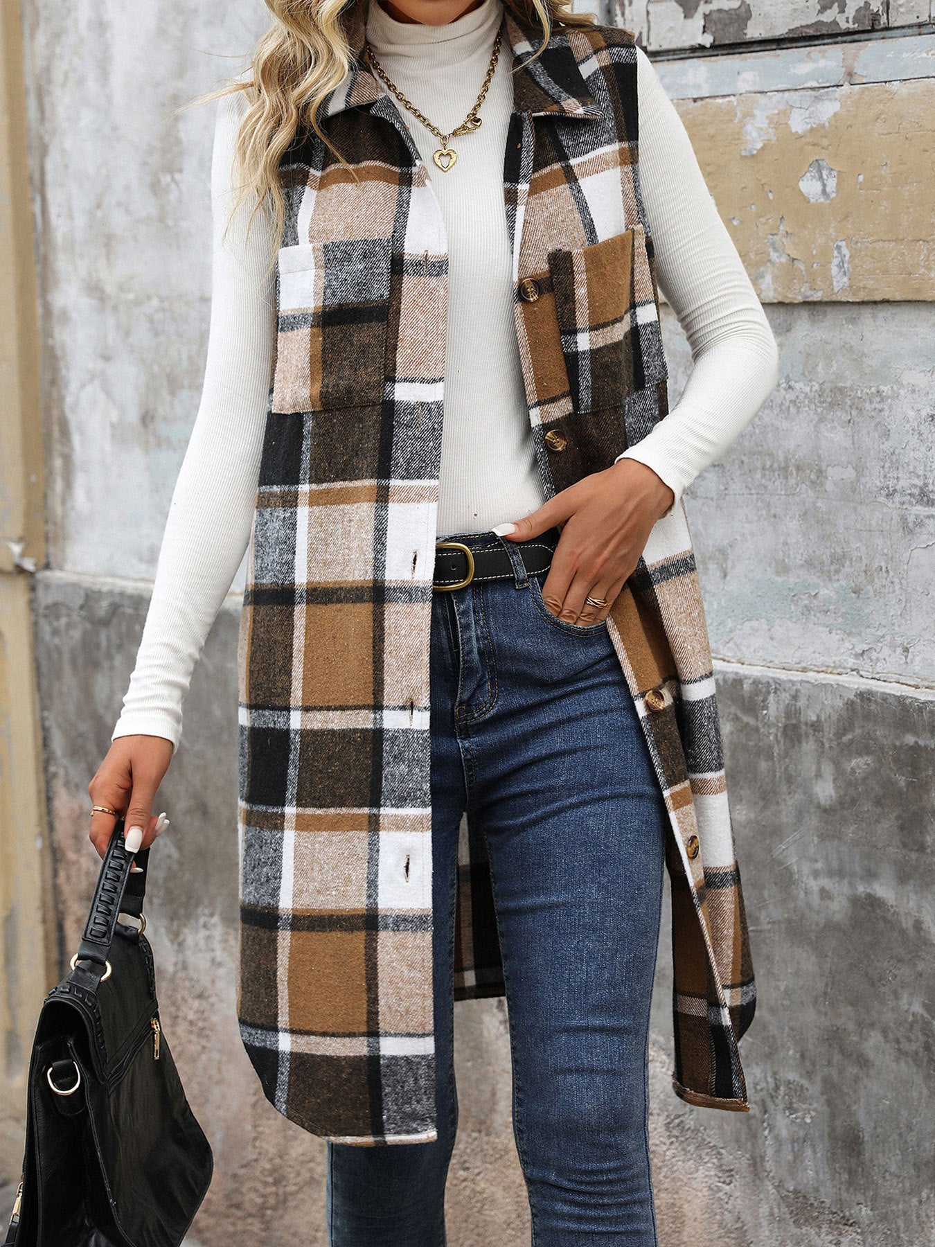 Women Plaid Sleeveless Open Front Long Cardigan Vest