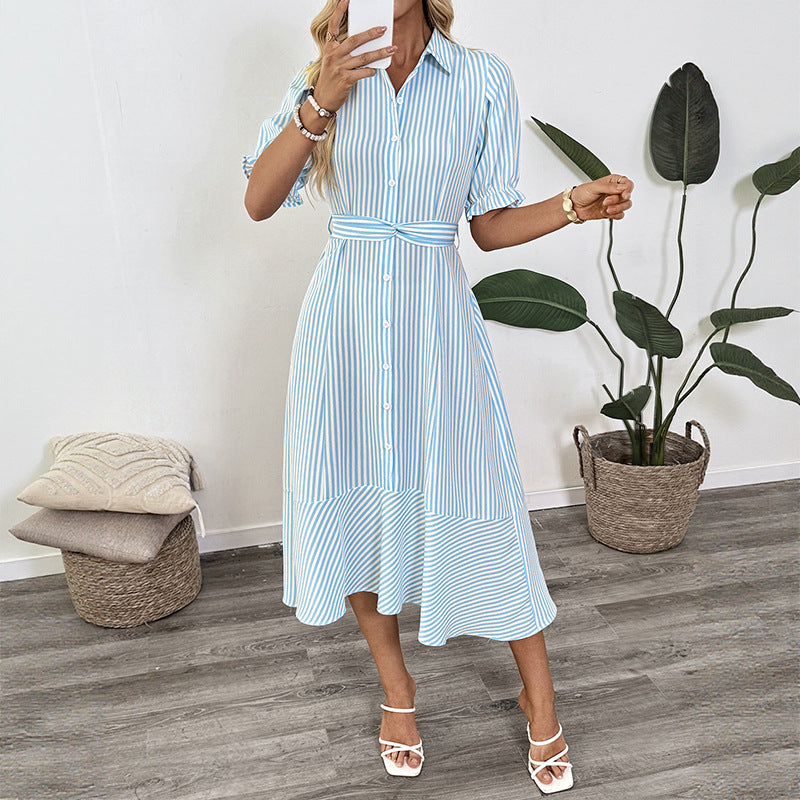 Button Down Collared Midi Dress with Waist Tie