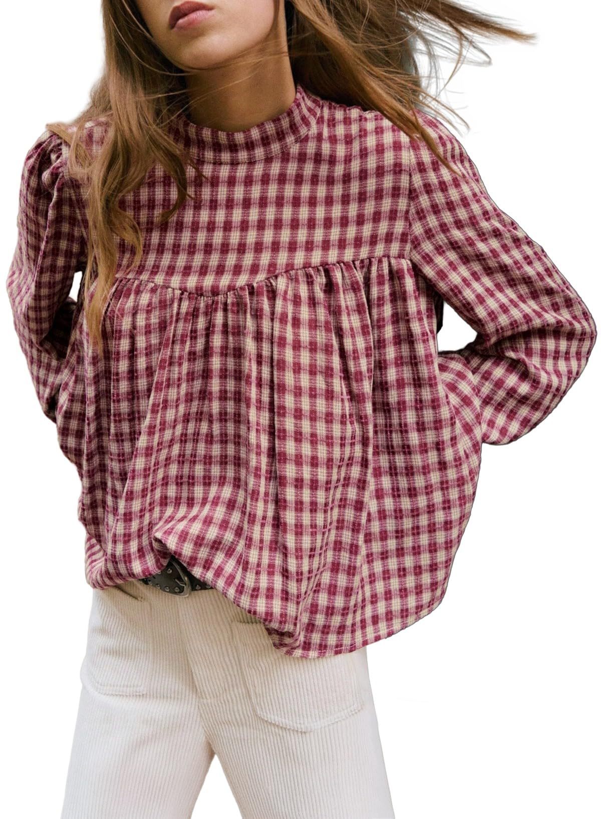 Plaid Mock Neck Babydoll Blouse Long Sleeve Top