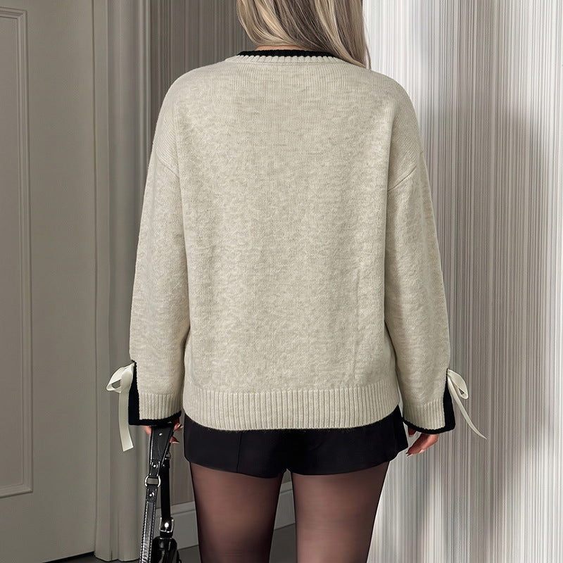 Bow Detail Contrast Knit Sweater Crew Neck Long Sleeve