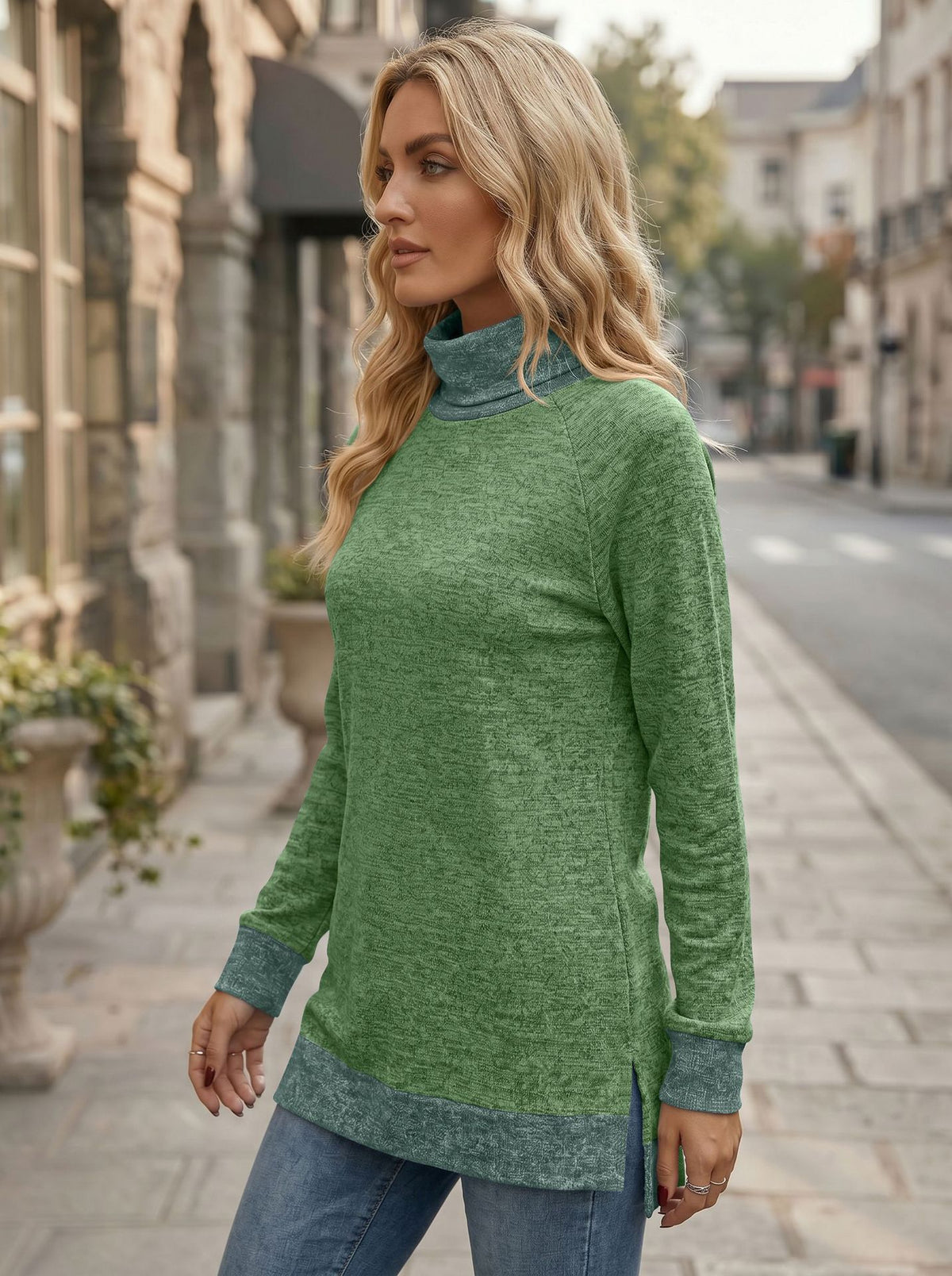 Color Block Turtleneck Long Sleeve Side Split Tunic Top