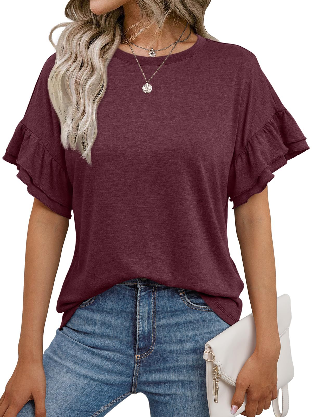 Ruffle Sleeve Crewneck Cotton Casual T Shirt