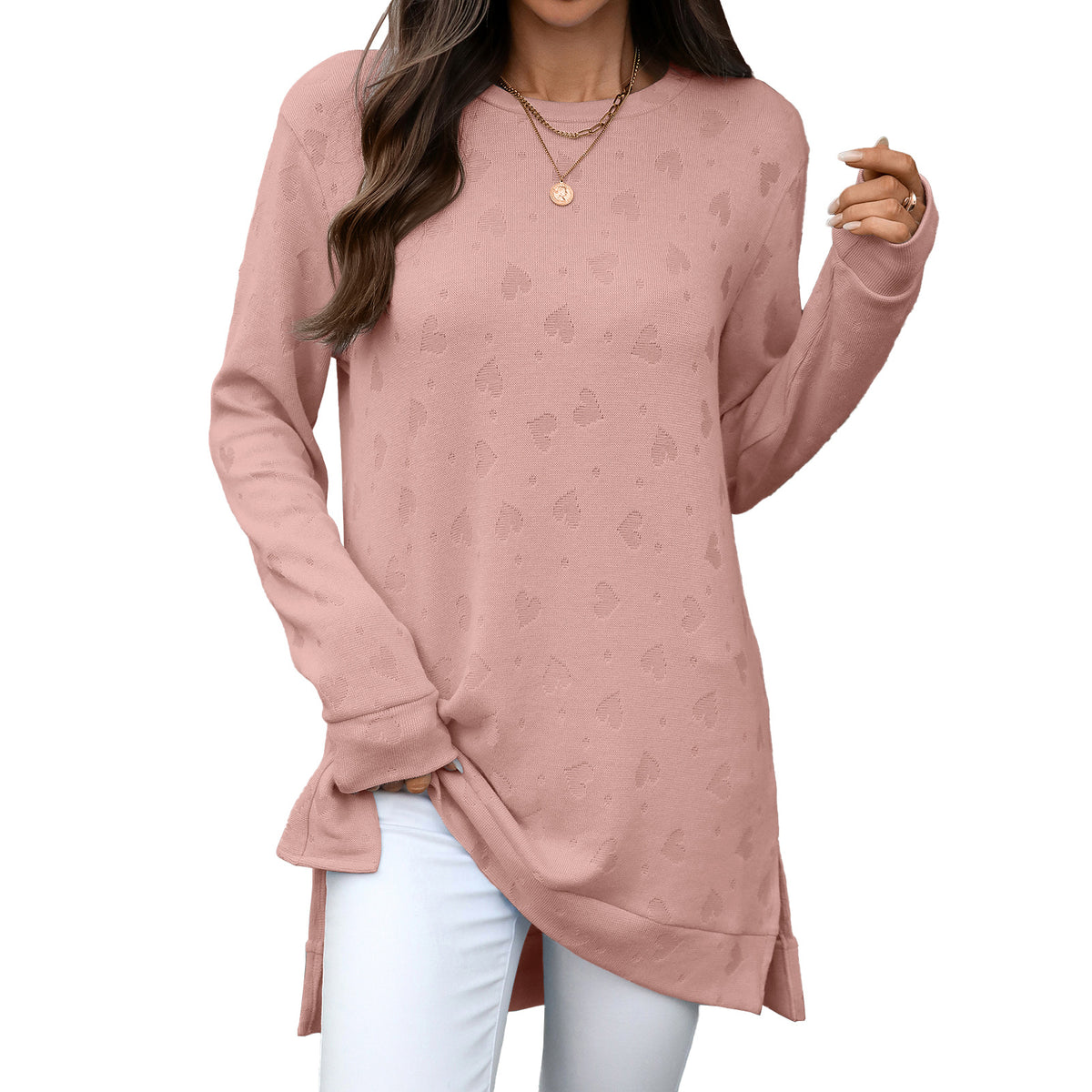 Oversized Crew Neck Long Sleeve Side Slit Knit Tunic Top