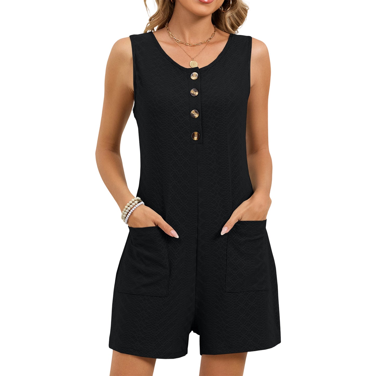 Solid Button Front Sleeveless Romper with Pockets