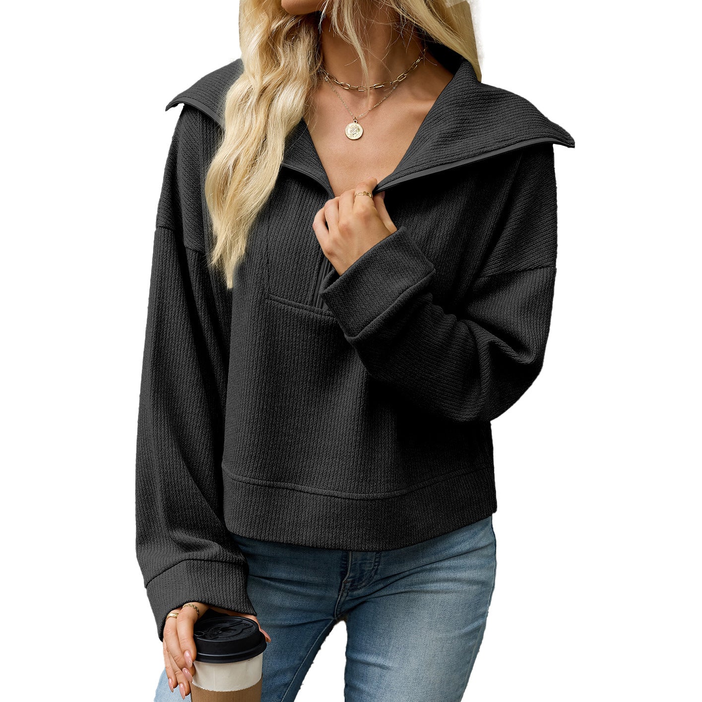 Women's Oversized Half Zip Collared Sweatshirt Pullover