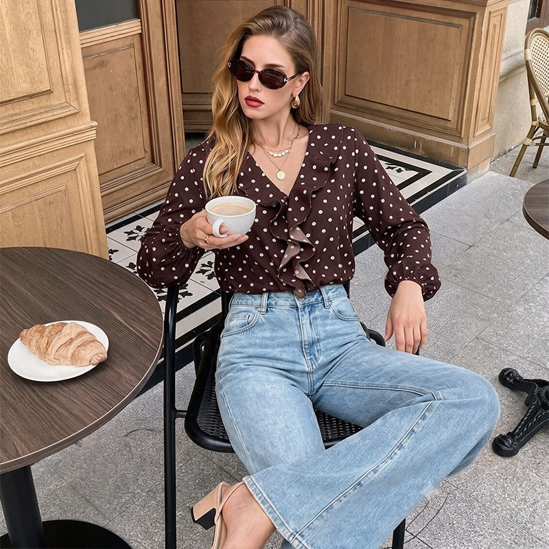 Polka Dot Ruffle V Neck Bodysuit Long Sleeve Top