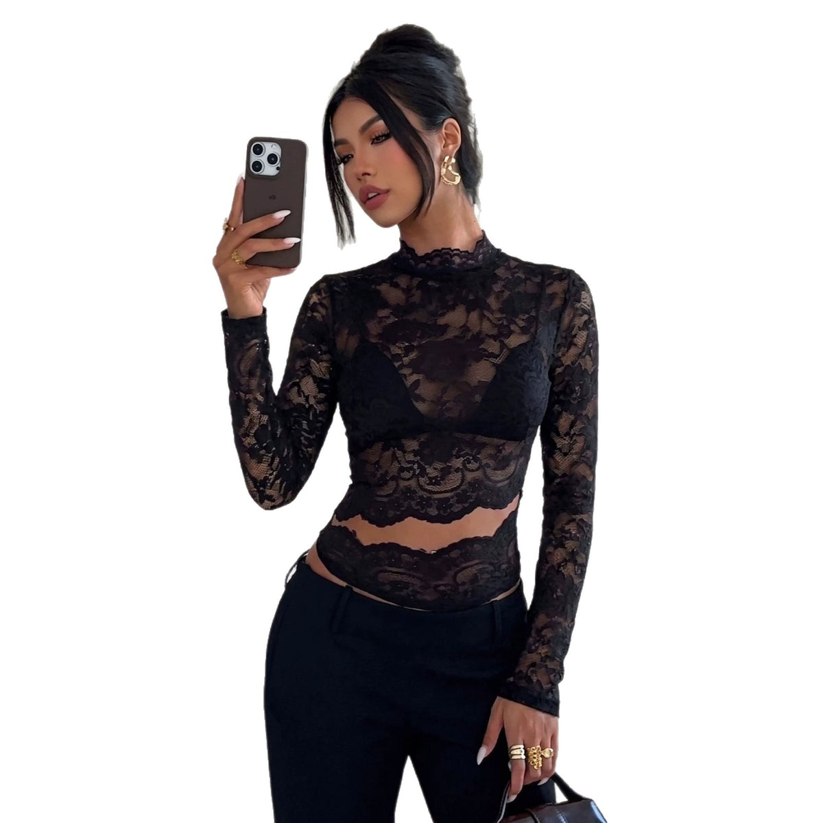 Black Lace Cutout Mock Neck Long Sleeve Top
