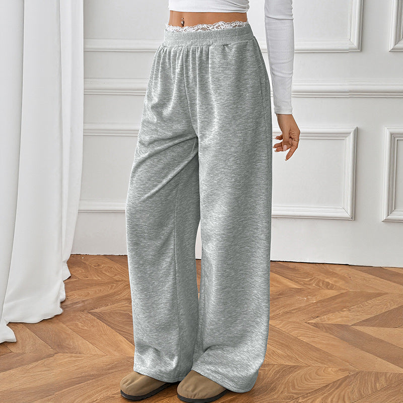 Lace Trim High Waist Casual Straight Leg Pants