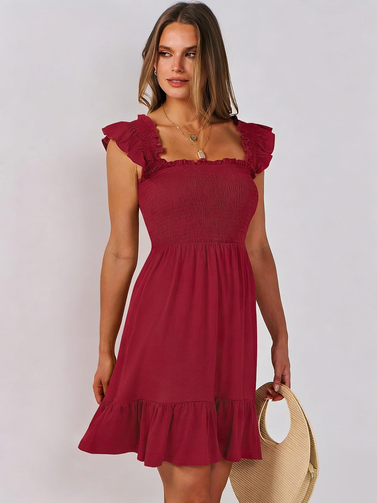Women’s Smocked Square Neck Ruffle Sleeve Mini Dress Casual Summer Flowy A Line Dress