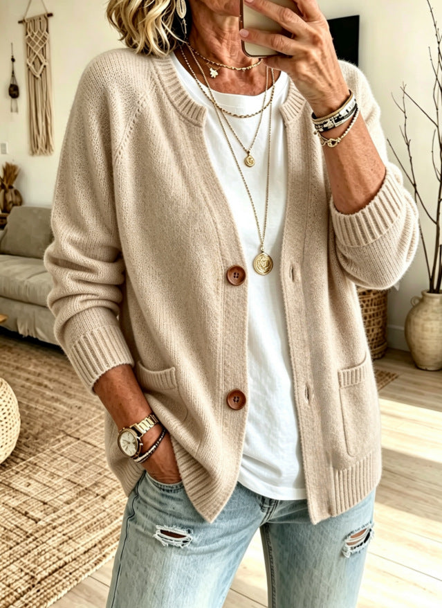 Button Front Crew Neck Pocket Knit Cardigan