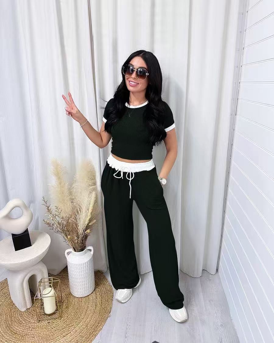 Women’s Wide Leg Pants Set Short Sleeve Casual Two Piece