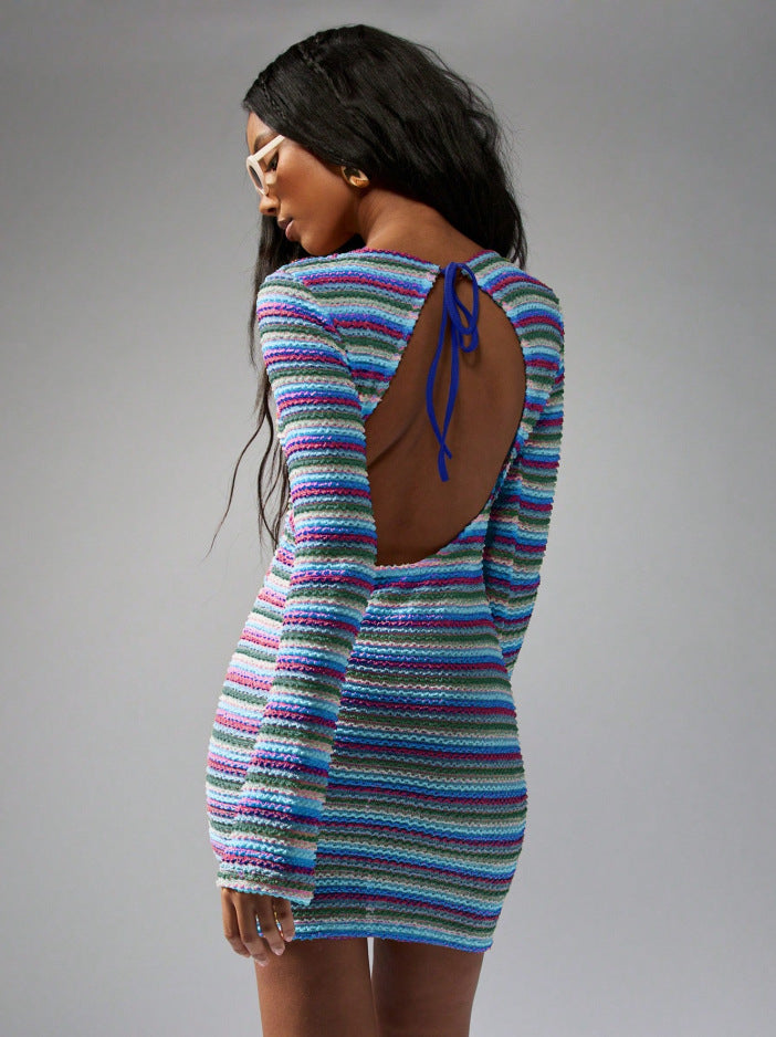 Sexy Striped Crochet Backless Bell Sleeve Mini Dress