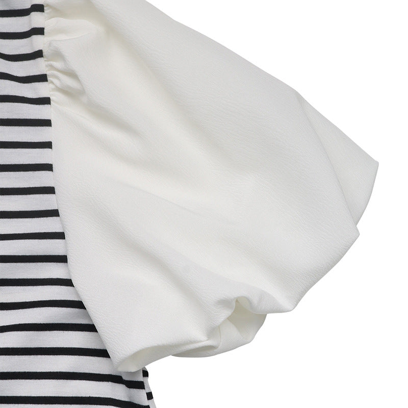 Colorblock Short Sleeve Knit Tee with Striped Print Design