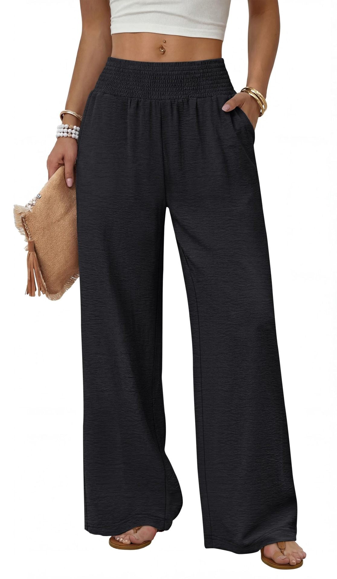 Women's High Waist Smocked Wide Leg Pants with Pockets