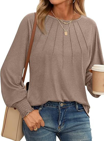 Women's Pleated Crew Neck Lantern Sleeve Oversized Pullover