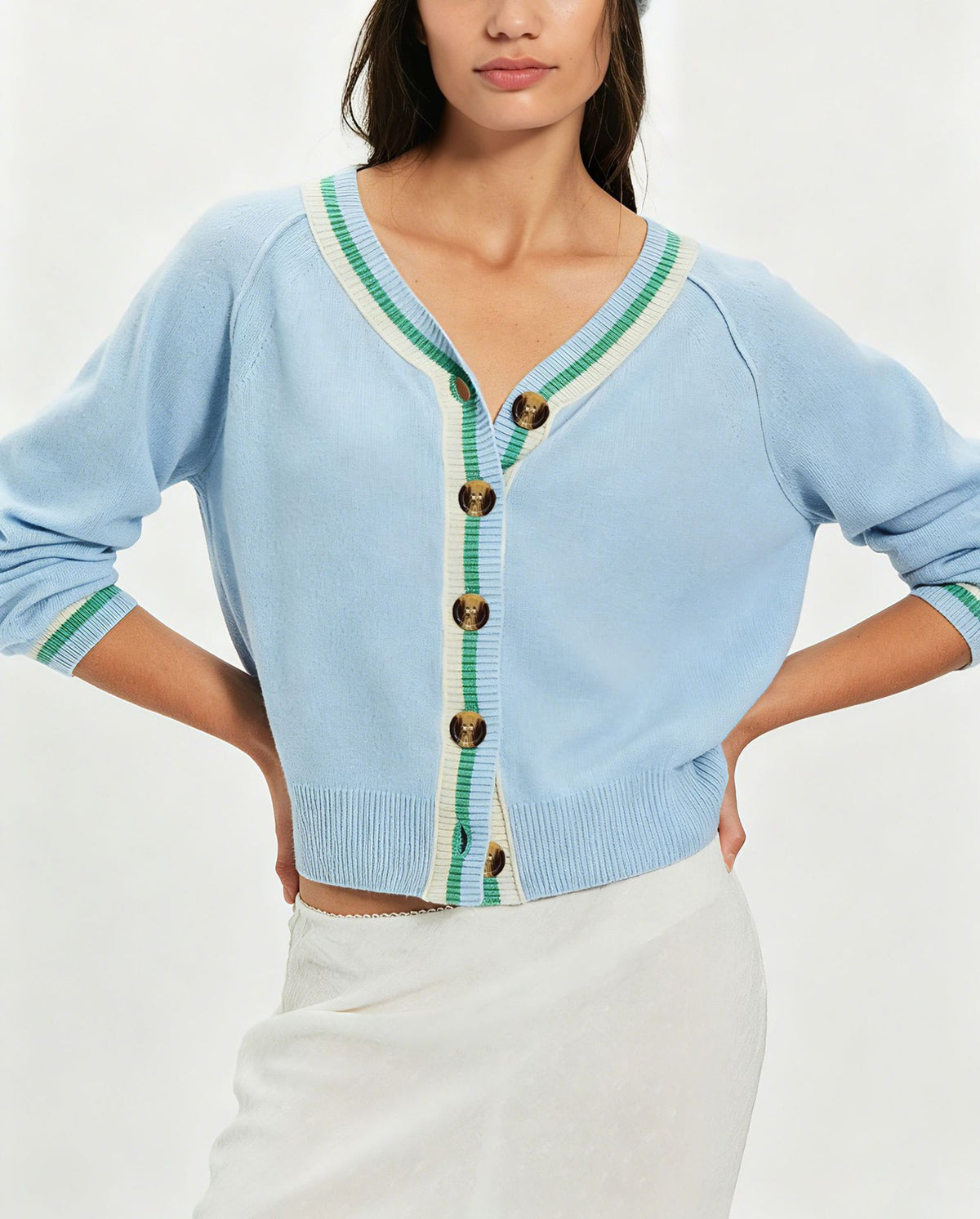 Color Block V Neck Button Front Knit Cardigan Sweater