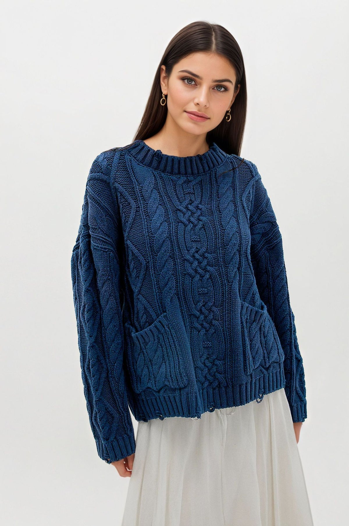 Women's Oversized Cable Knit Pullover Sweater with Pocket