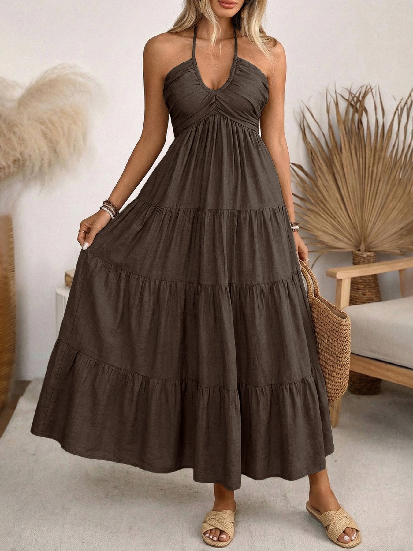 Women’s Halter V Neck Tiered Maxi Dress Backless