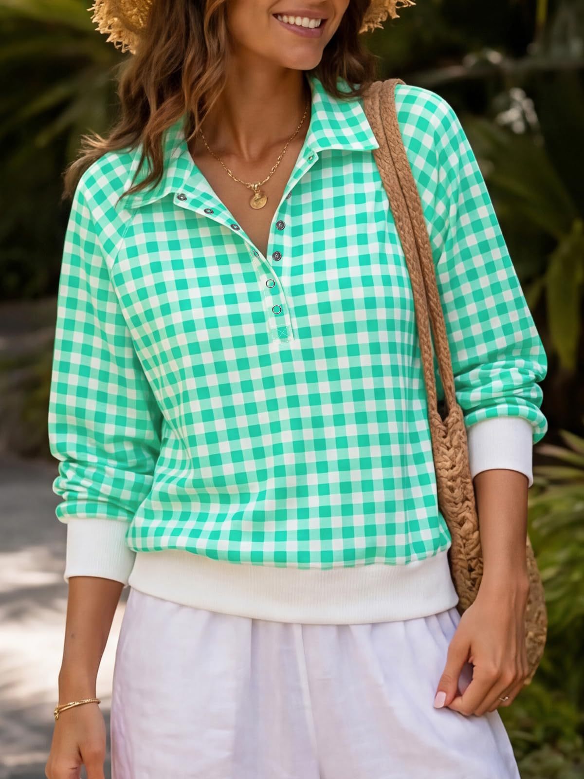 Women's Gingham Polo Oversized Pullover Sweatshirt