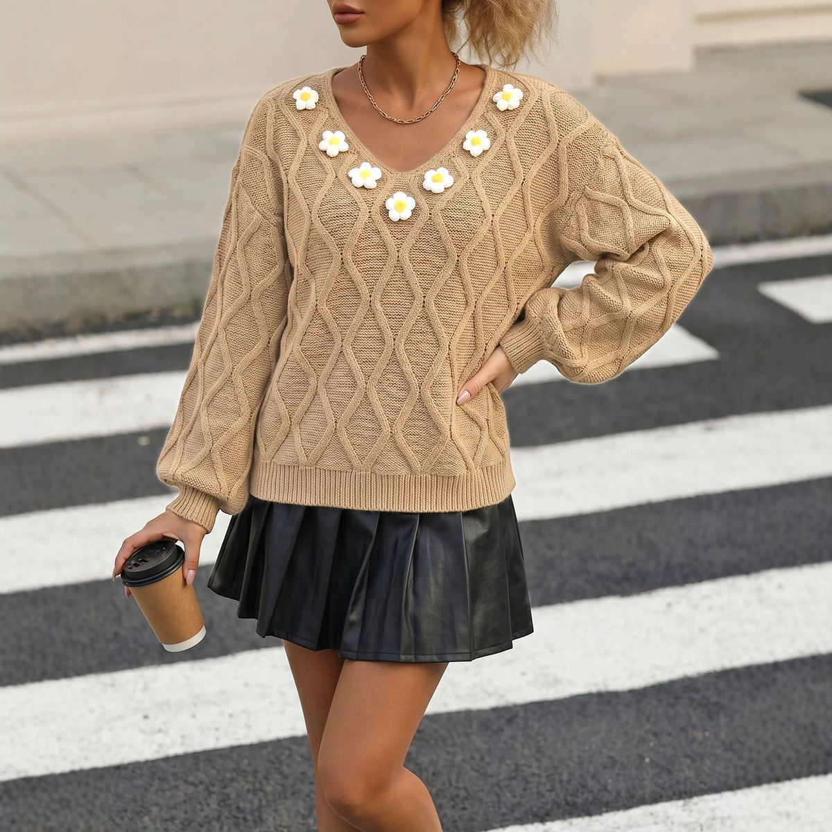 Women's Daisy V Neck Cable Knit Balloon Sleeve Sweater