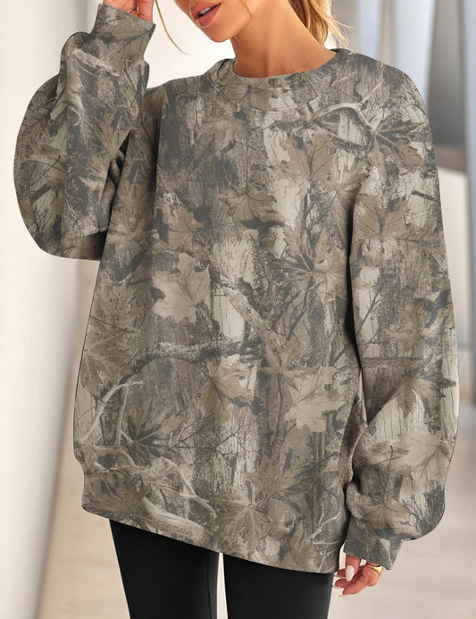 Camo Leaf Print Pullover Sweatshirt Women Oversized Casual Top