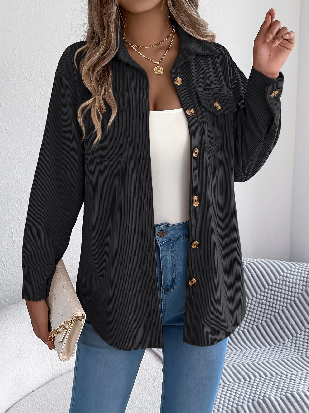 Corduroy Shacket Button Front Relaxed Fit