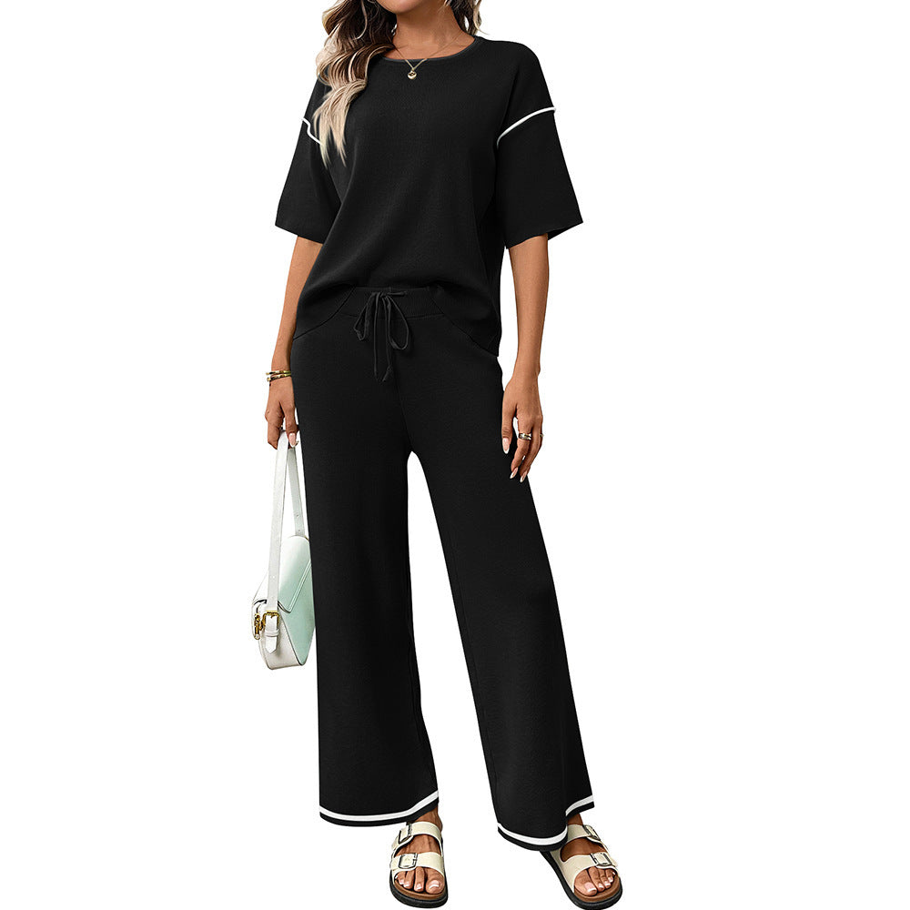 Women Short Sleeve Knit Lounge Set Wide Leg Pants