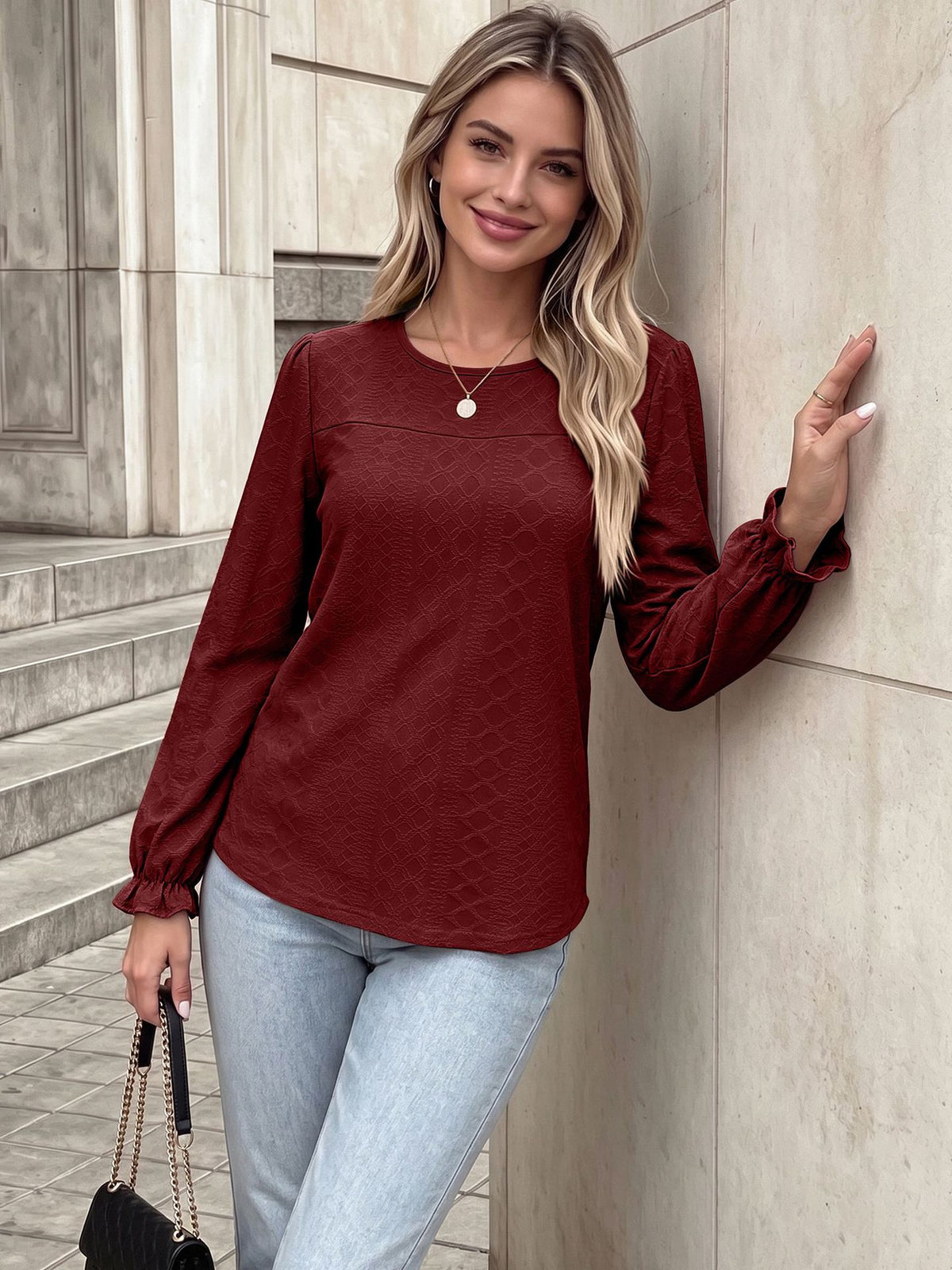 Women's Textured Long Sleeve Round Neck Ruffle Cuff Top
