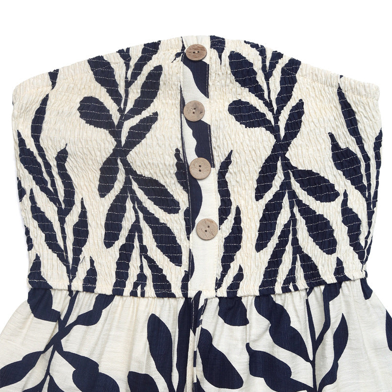 Strapless Leaf Print Romper Smocked Waist Summer