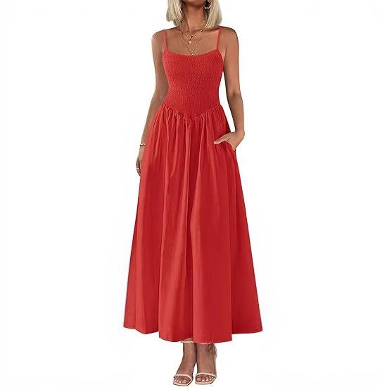Spaghetti Strap Smocked Maxi Dress with Pockets for Summer
