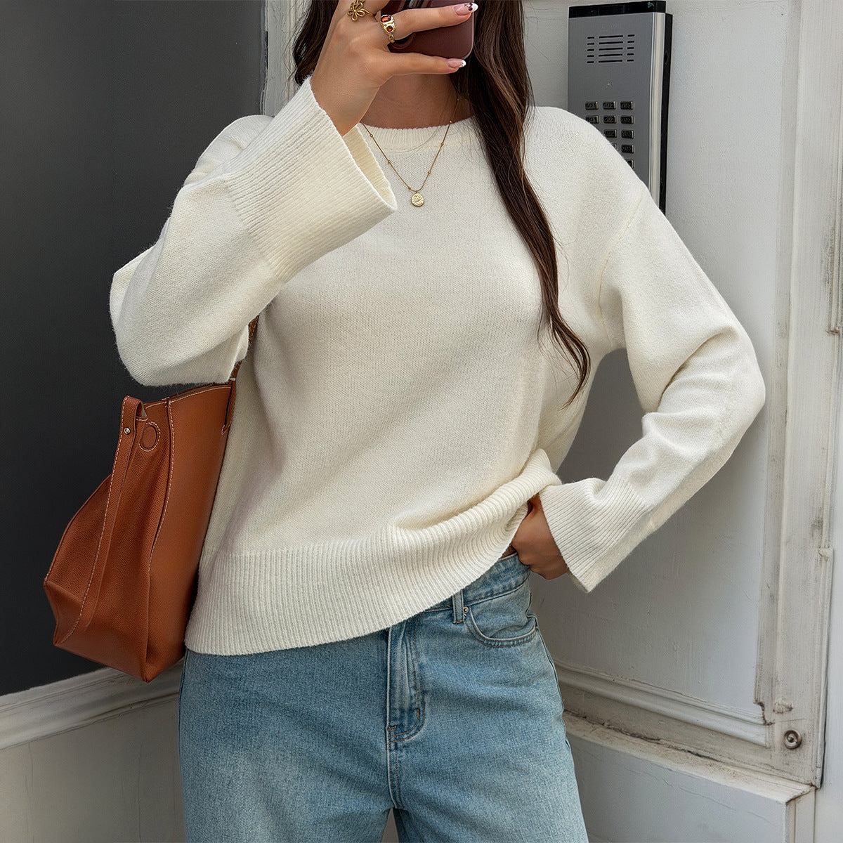 Women's Oversized Cropped Crew Neck Knit Sweater
