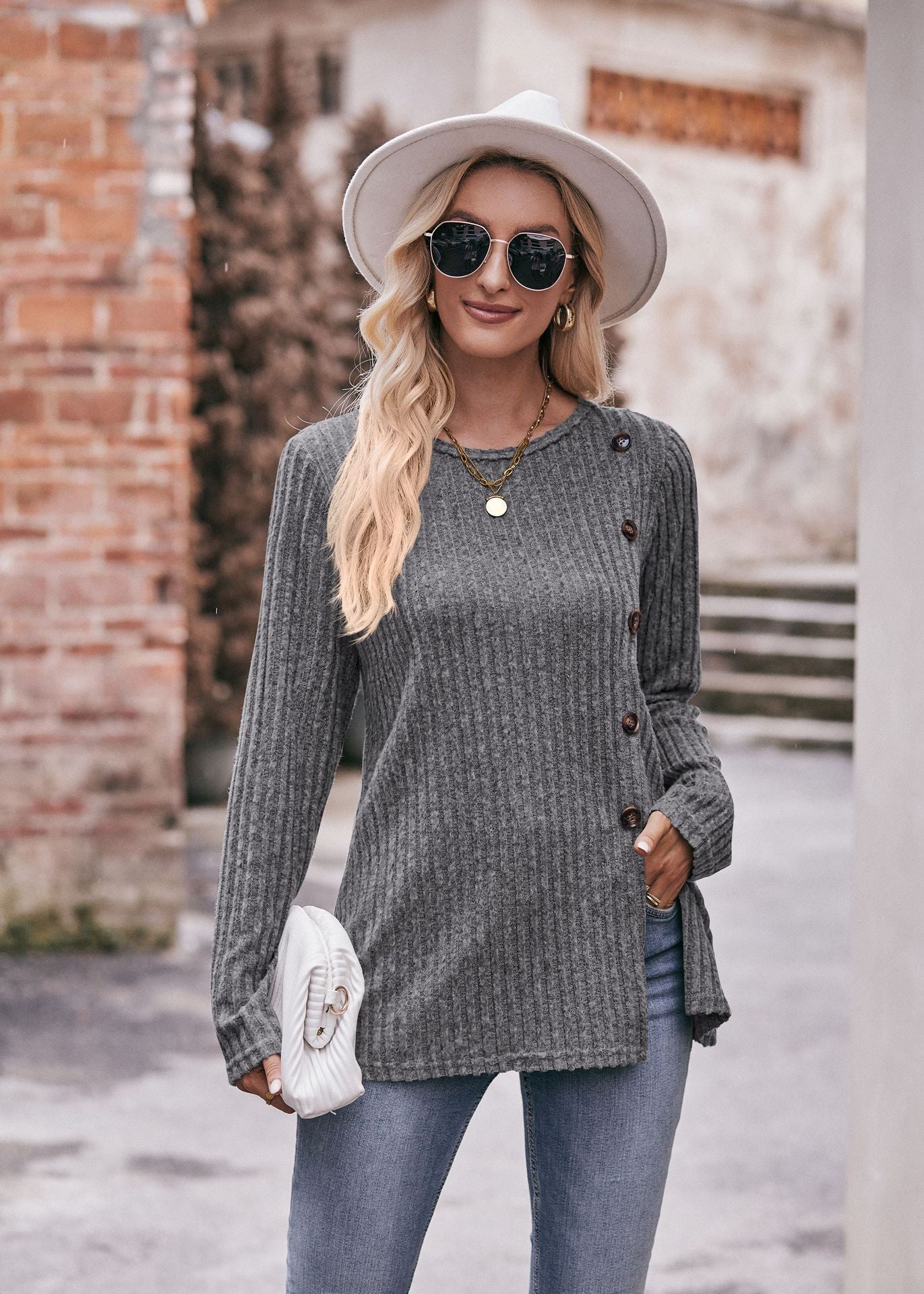 Women's Solid Color Crew Neck Slit Button