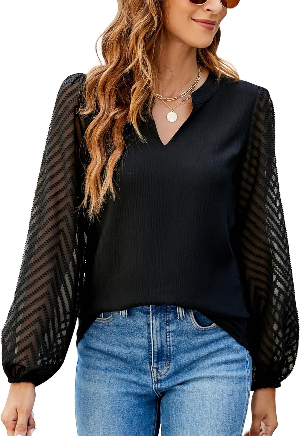 Solid V Neck Chiffon Blouse Lace Puff Sleeve Top