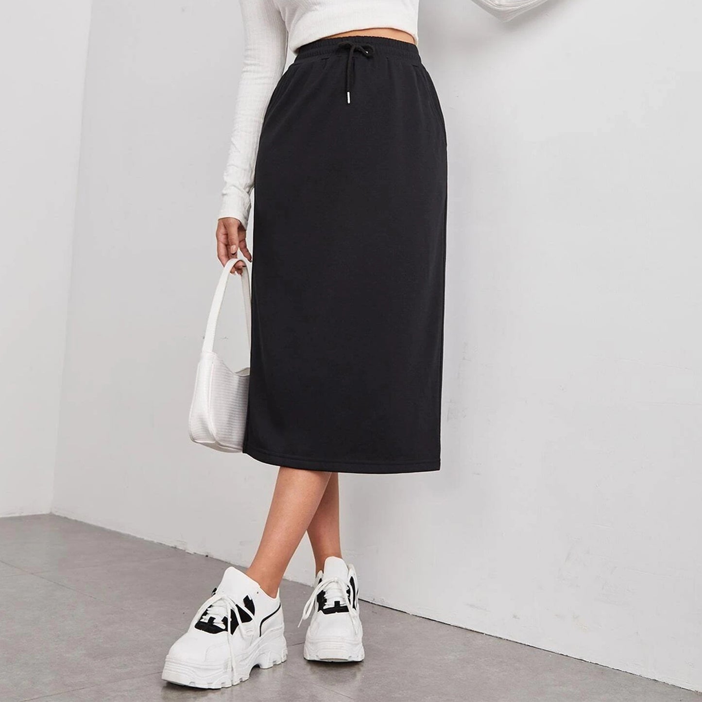 Solid Cotton Blend Skirt Casual Midi Drawstring Pocket