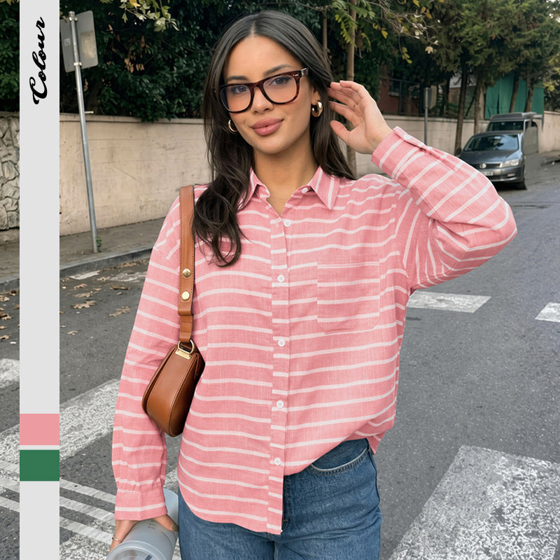 Striped Cotton Blend Shirt Korean Casual Oversized Blouse
