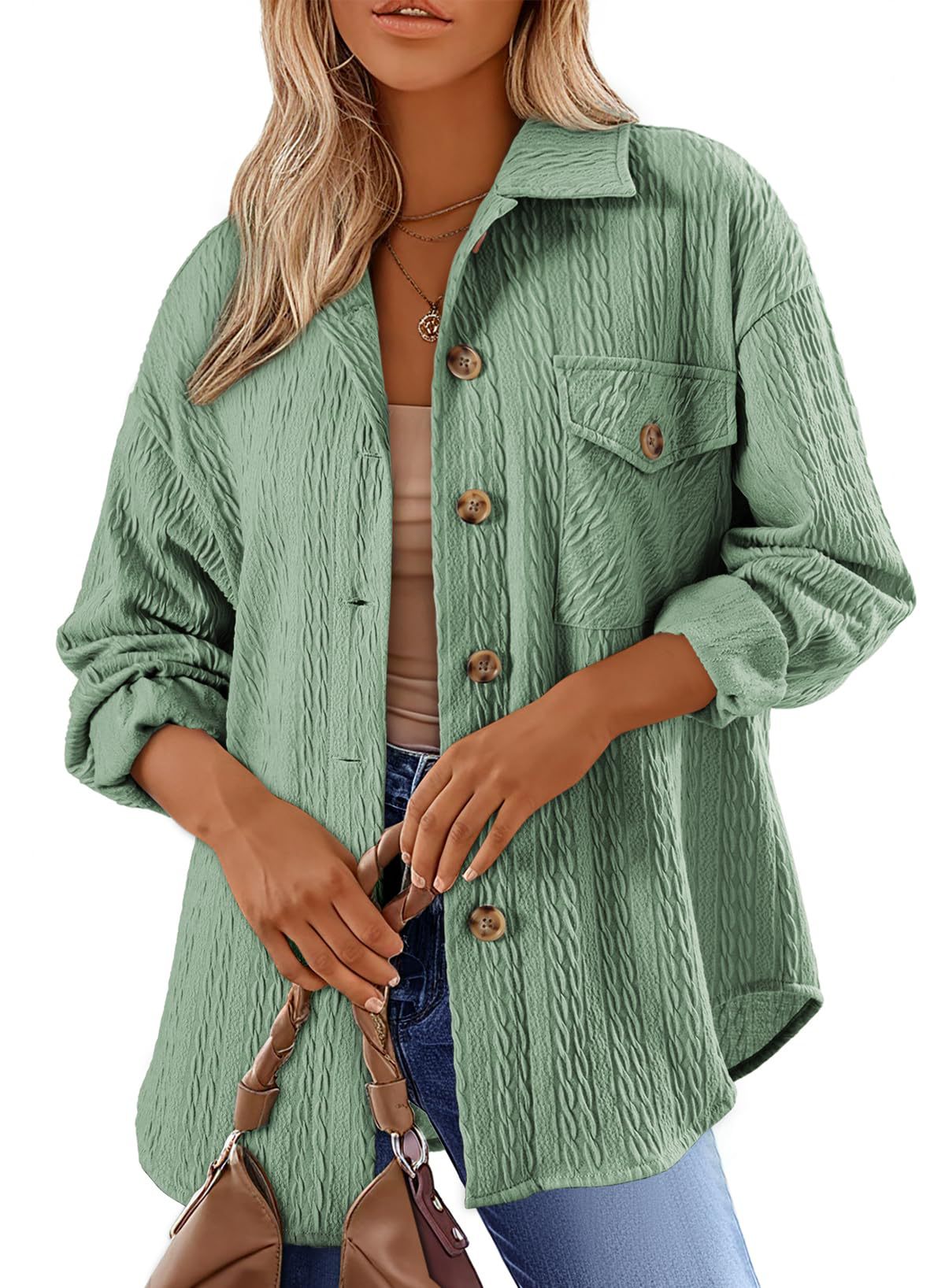 Women's Textured Shacket Oversized Button Down Shirt