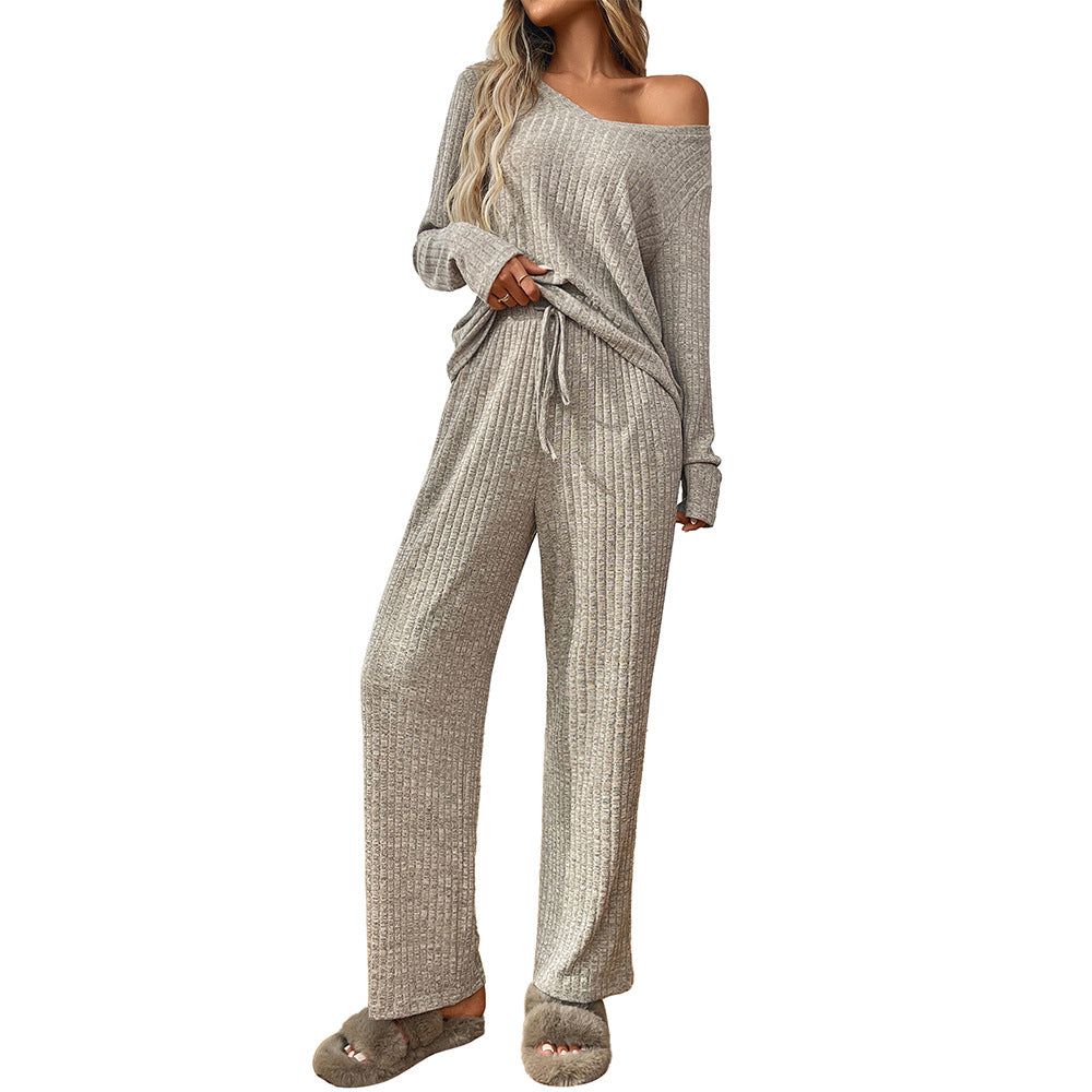 Ribbed Knit Lounge Set with V Neck and Wide Pants