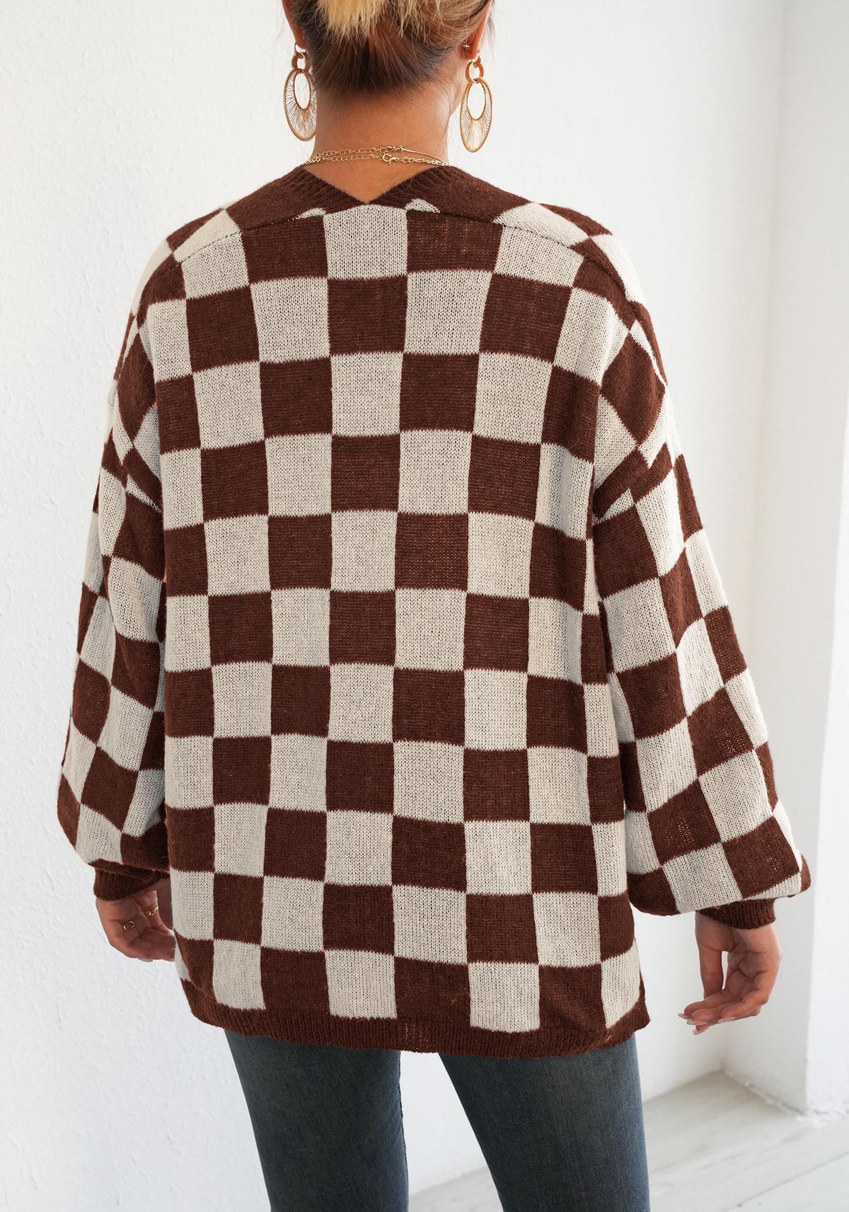 Women's Checkered Cardigan Color Block Knit Open Front