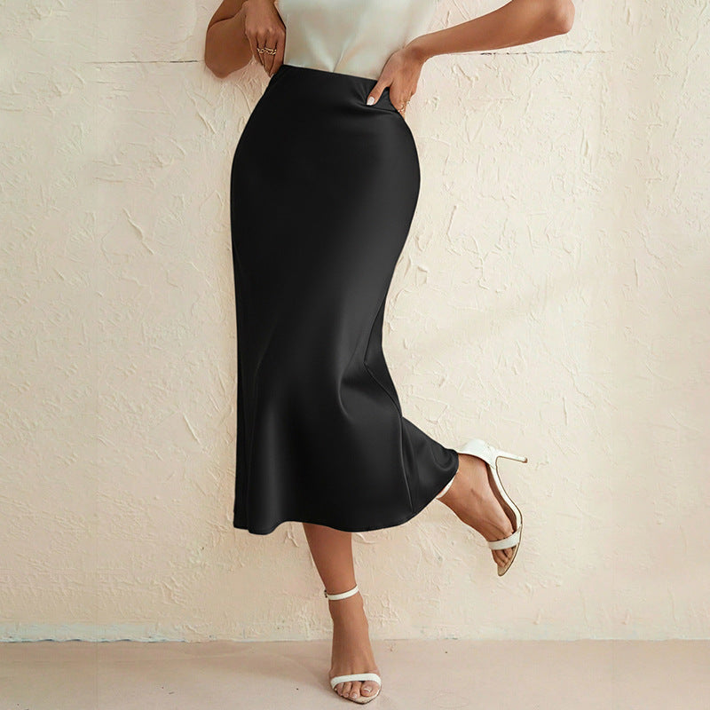 Black Satin High Waist Midi Skirt Fishtail