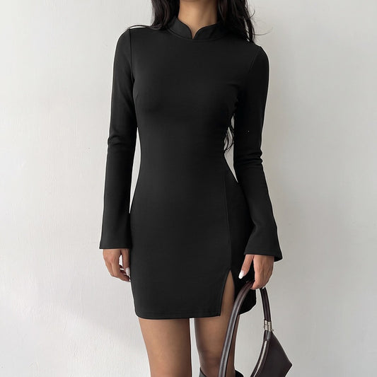 Black Long Sleeve Backless Slit Bodycon Mini Dress