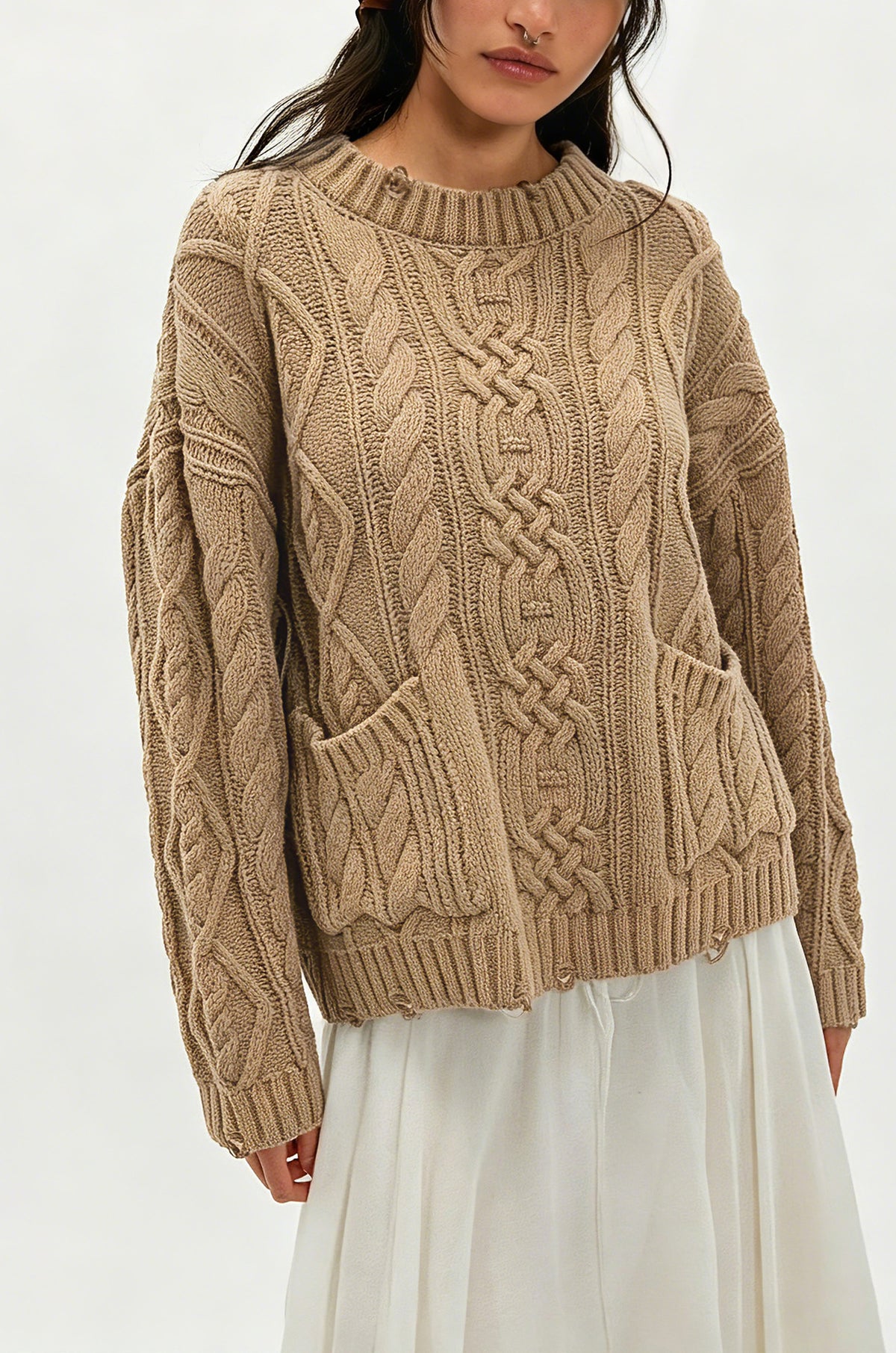 Women's Chunky Cable Knit Oversized Pullover Sweater Pocket